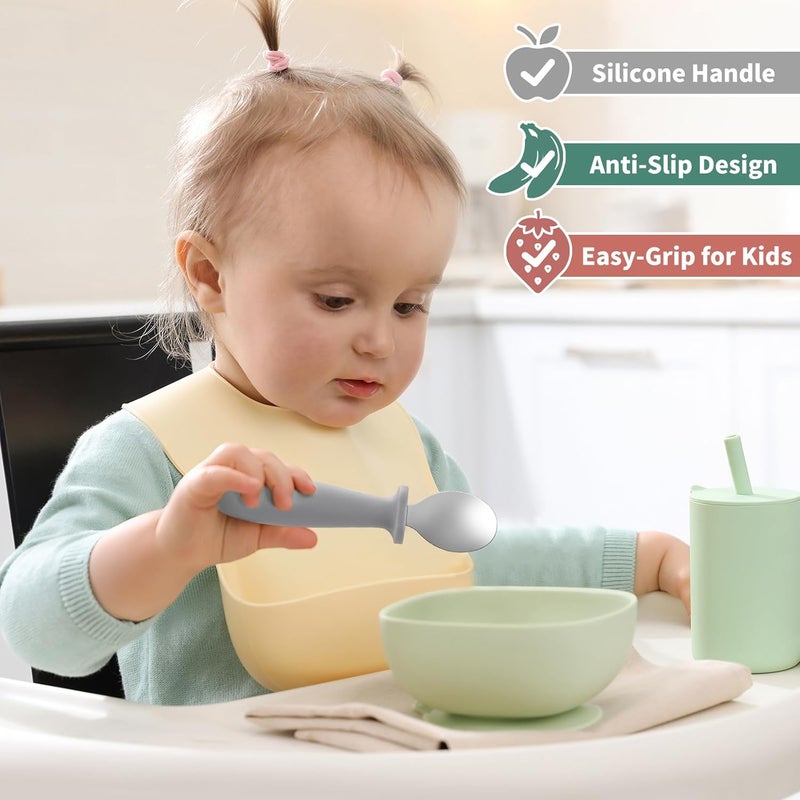 DRKIO 8 PCS Toddler Spoons Set - Baby Spoons with Silicone Handle Children safe 18/8 Stainless Steel Toddler Utensils Set for Self Feeding Kids Silverware Anti-Choke Design Food Grade Dishwasher Safe - Image 4